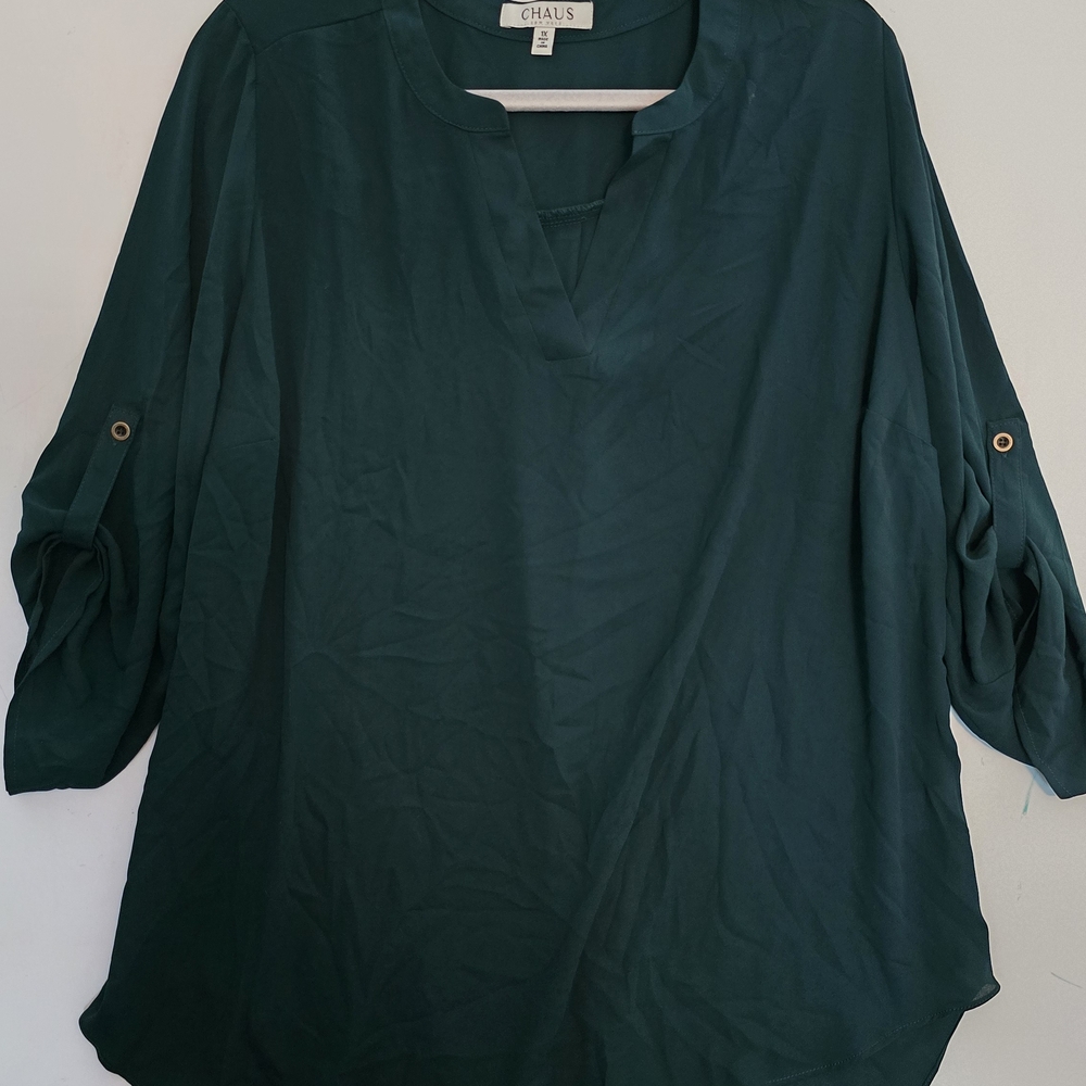 Chaus Green 3/4 Sleeve Tunic with Mandarin Collar